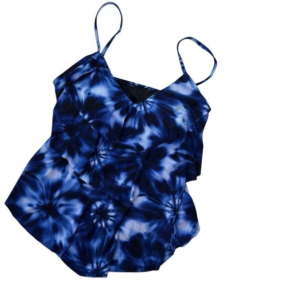 Aqua Green Navy Tie Dye Tiered Tankini Top NWT - Picture 2 of 12